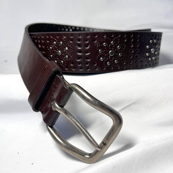 Brown Bonded Leather Women's Studded Embroidered Flowers-Silver Buckle-Size Lg - Picture 7 of 12